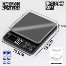 ترازو دیجیتال اشپزخانه 3 کیلویی تمام مشکی لاکچری خارجی بازه 0.1 تا 3000 گرم / ابعاد ترازو 13.5 در 10.5 در 2 سانت/ 2 باطری همراه رنگ مشکی براق لاکچری / خاموشی خودکار / جنس باکیفیت درجه یک