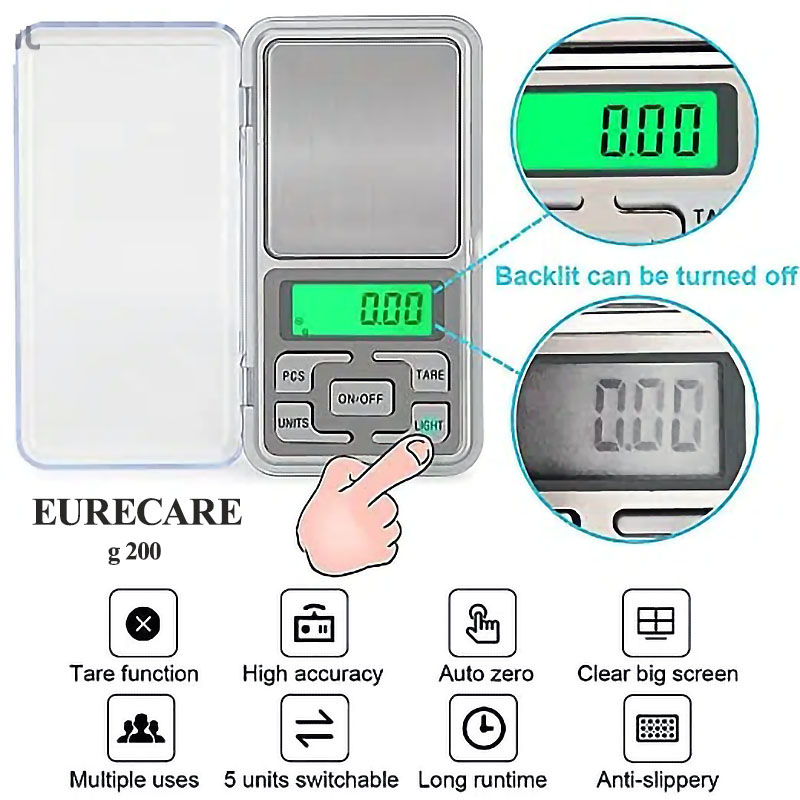 ترازو زرگری دیجیتالی جیبی 200 گرمی EURECARE (اصلی) سه صفر اتوماتیک